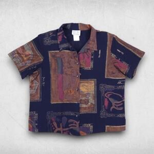 Young Hawaii Aloha Shirt Women XL Blue/Brown Camp Collar Button Up Vintage Retro